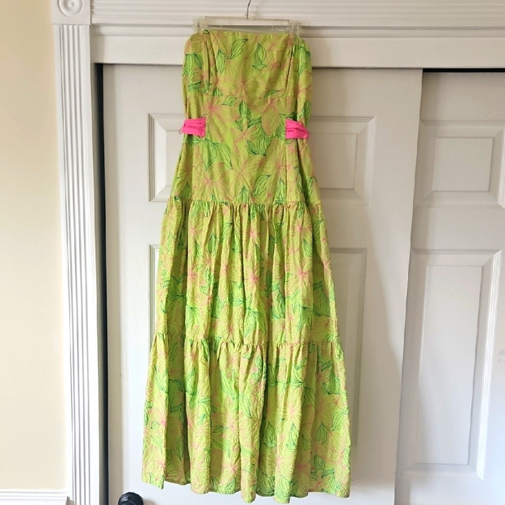Strapless Green and Pink Maxi Dress